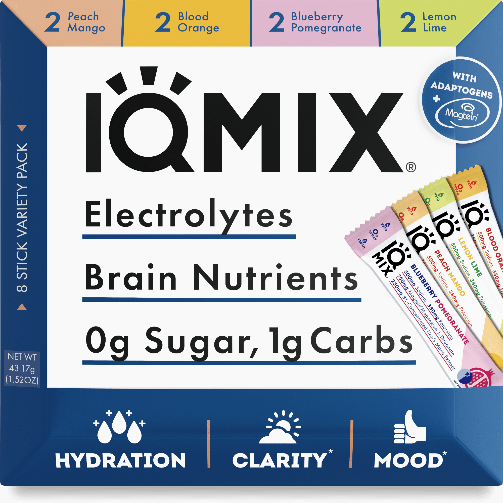 IQMIX Sugar Free Electrolyte Powder Packets - Keto Electrolytes with Lions Mane, Magnesium L-Threonate, Potassium Citrate - Sampler Pack (8-Count)