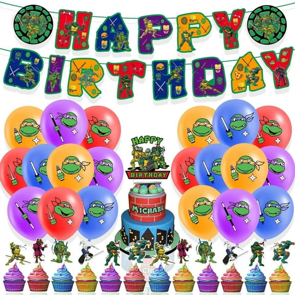 TG Turtles Ninja Theme Birthday Party Decorate Supplies Set Include Happy Birthday Banner/Cake Topper/Cupcake Topper/Balloons