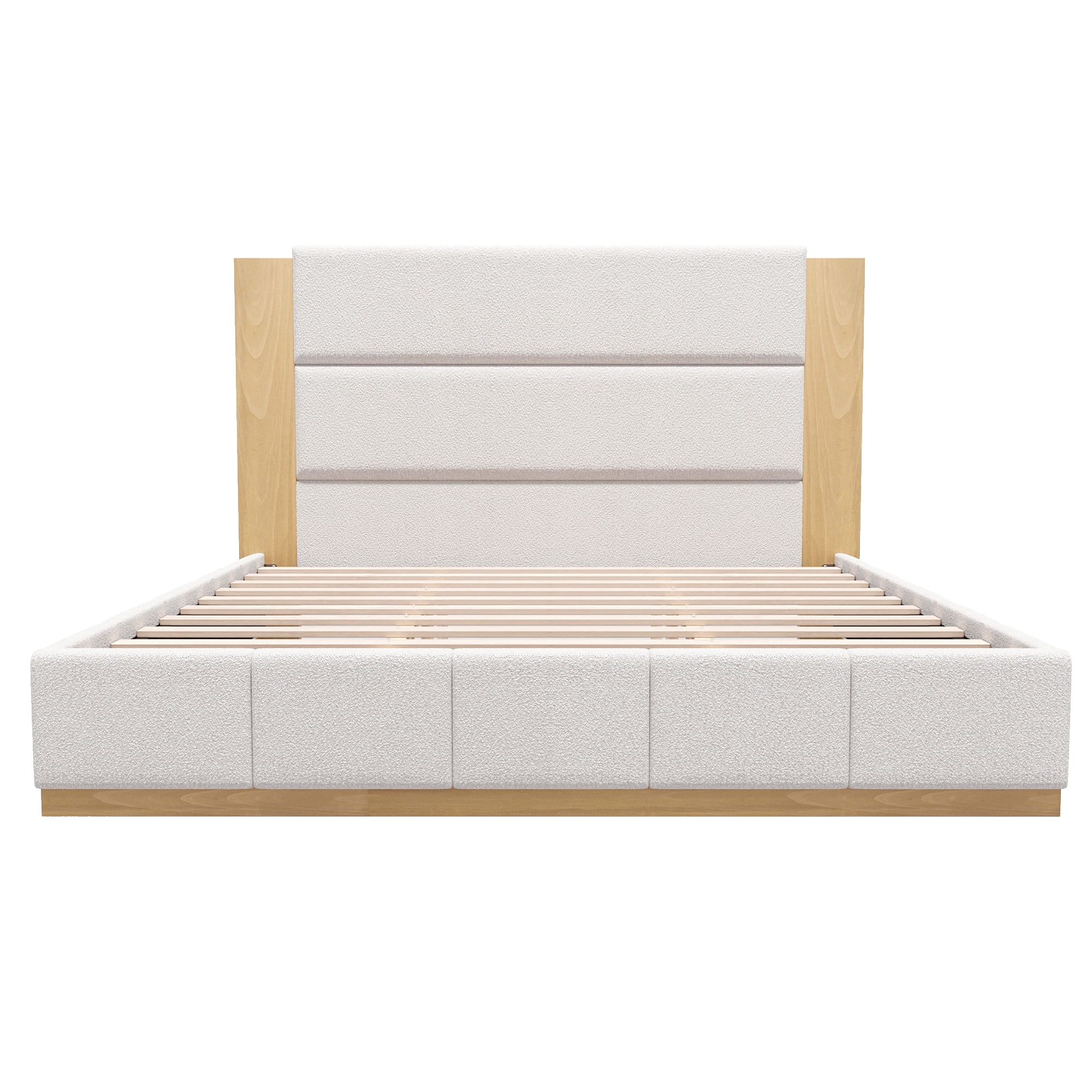 Euroco Upholstered King Size Platform Bed, Velvet Bed with High Wood Headboard, White