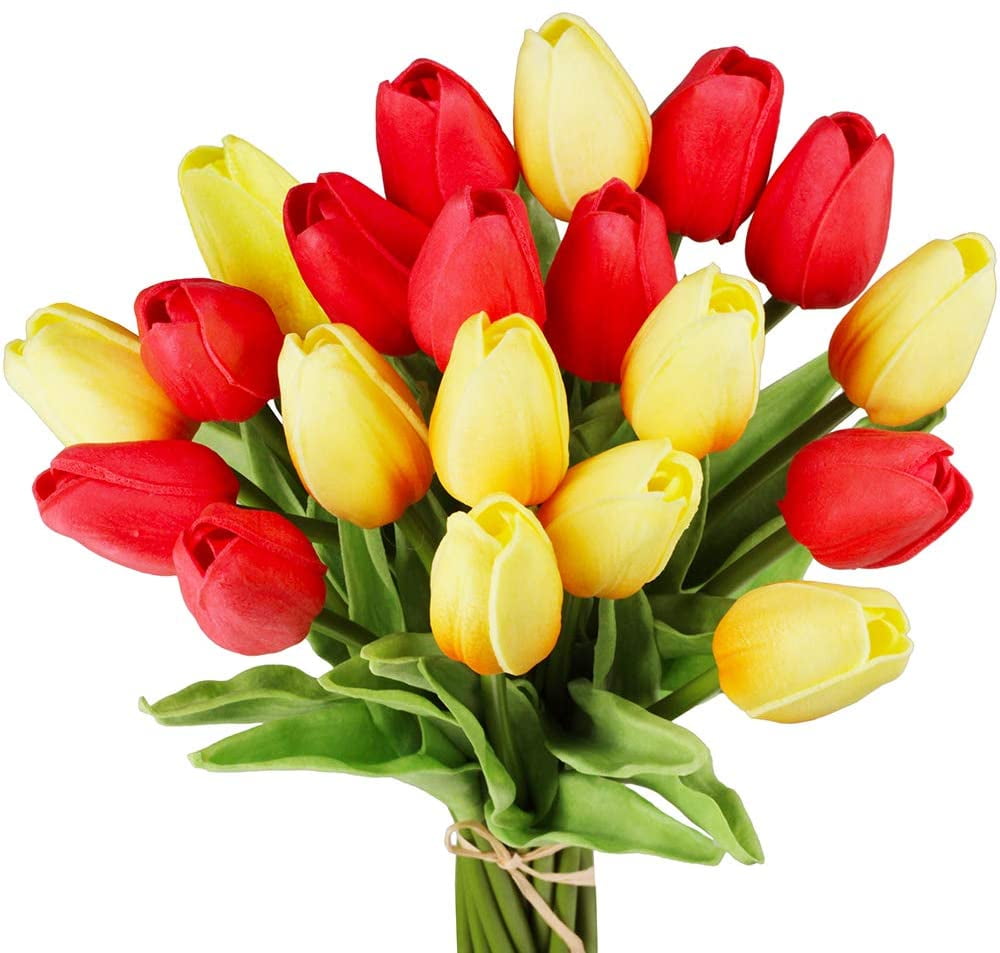 20 Pcs Artificial Tulip Flowers Red and Orange Faux Tulip