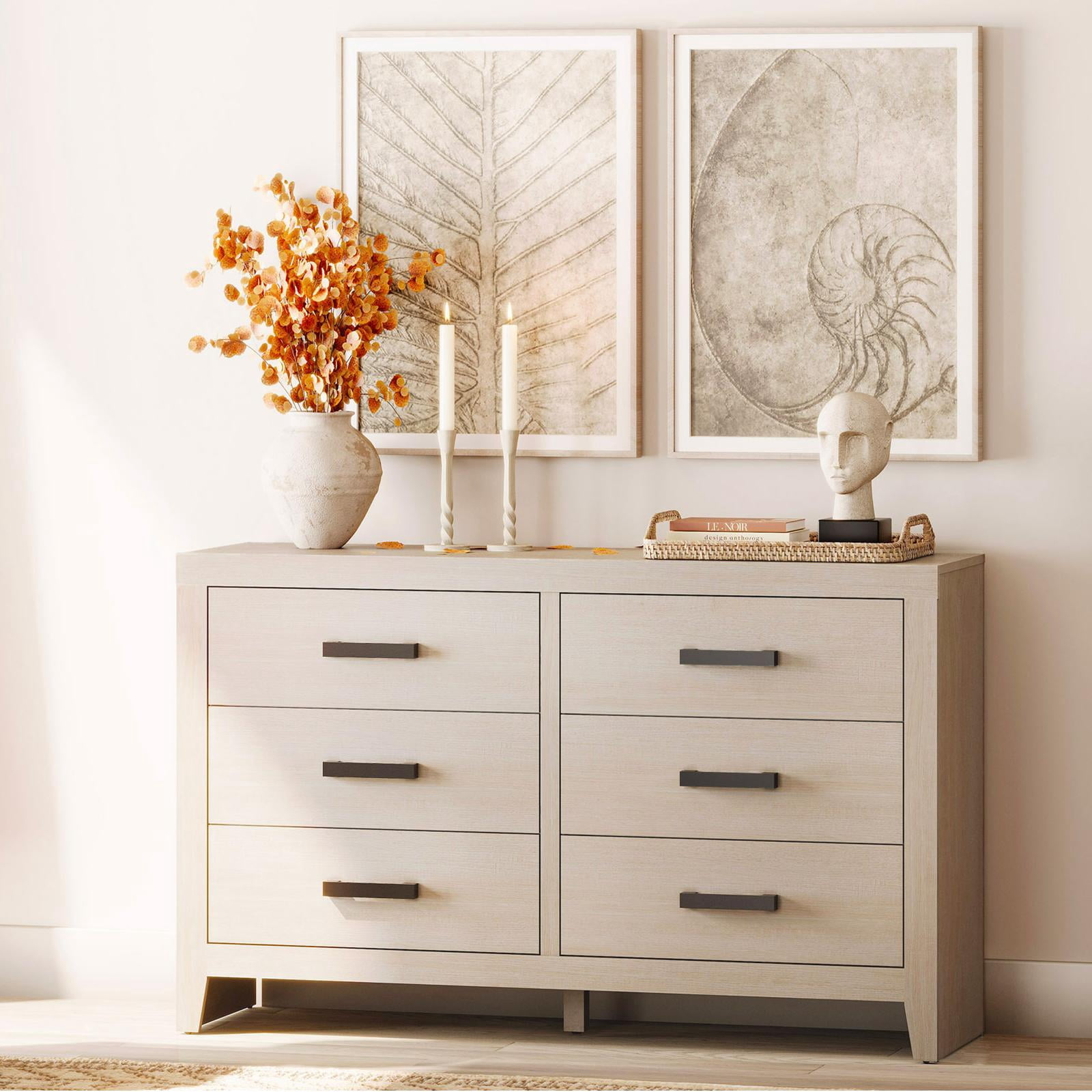 WAMPAT Farmhouse Dresser for Bedroom, 53 Inch Farmhouse Wood Storage Cabinet with 6 Drawers, Rustic Chest of Drawers for Living Room & Hallway