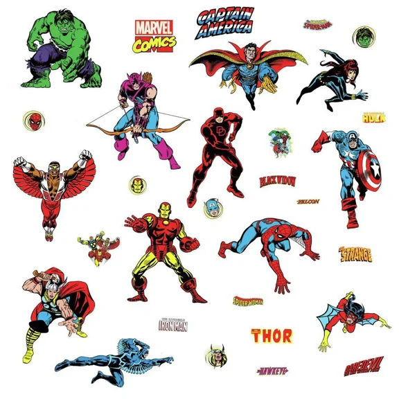 New Marvel Comics Classics Peel & Stick 32 Superhero Wall Decals Room Decor Stickers Approx. .8" L to 7.5" W x 9" H