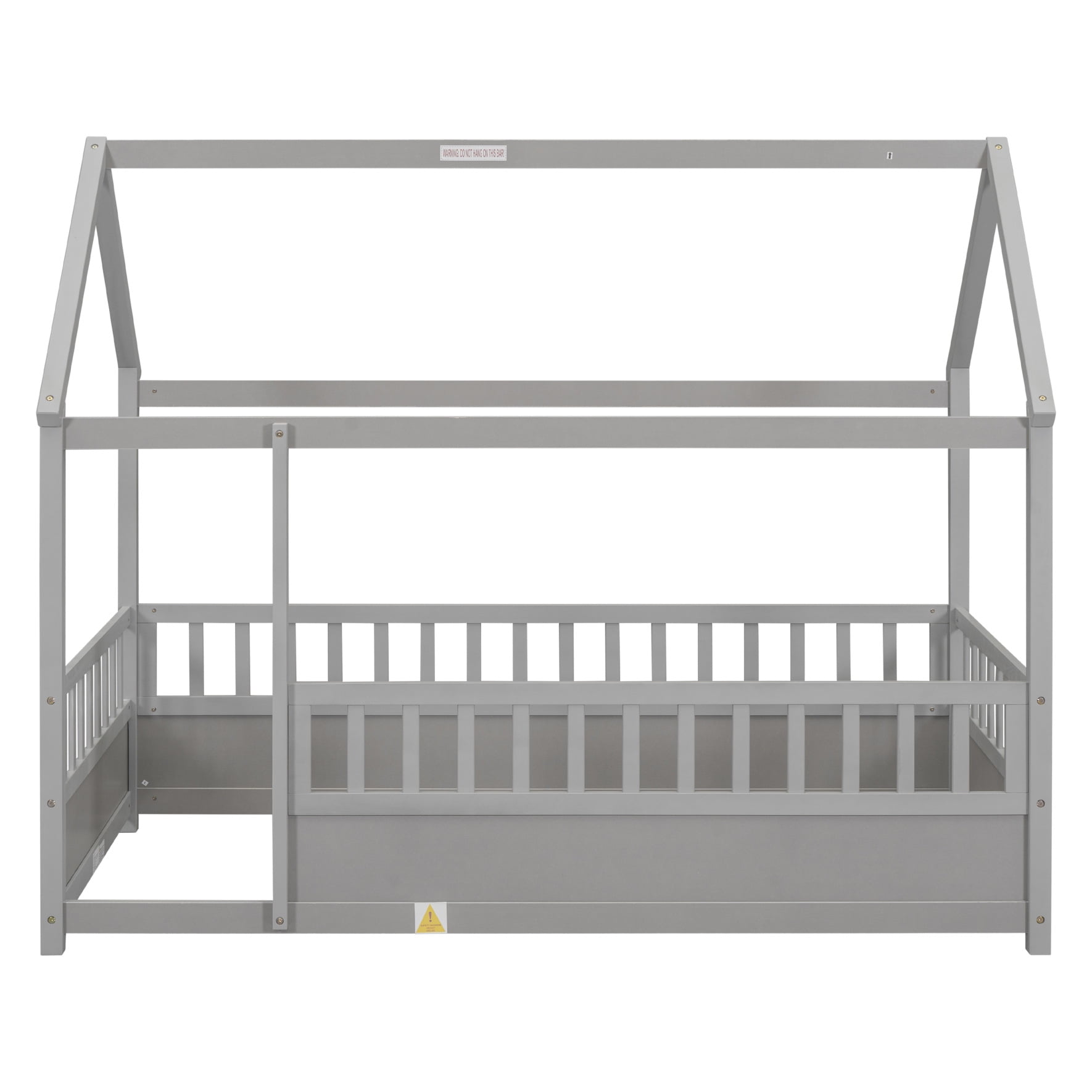 Twin Size Floor Bed with Wooden House Roof & Safety Guardrails for Kids - Sturdy Pine Construction, Grey (Multiple Color Options)