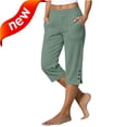 thumbnail image 2 of Bloomae Plus Size Capri Pants for Women 2026 Knee Length Cotton Linen Capris Summer Straight Leg Loose Button Side Slit Beach Bermuda Shorts with Pocket, 2 of 8