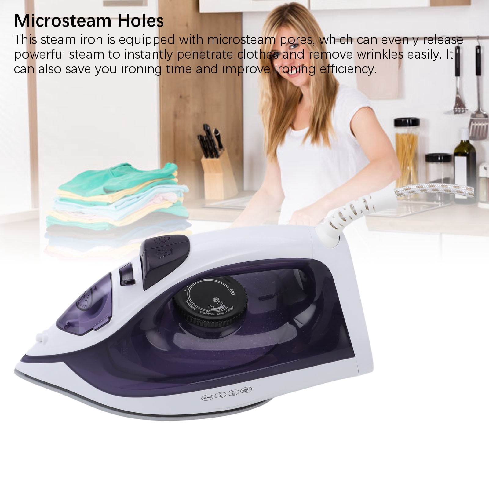 Nieyigj 1600W Steam Iron for Clothes with 210ml Water Tank, Professional Microsteam Holes Dry Wet Ironing Machine for Home and Travel, Purple (10.4 inches / 26.5 cm)