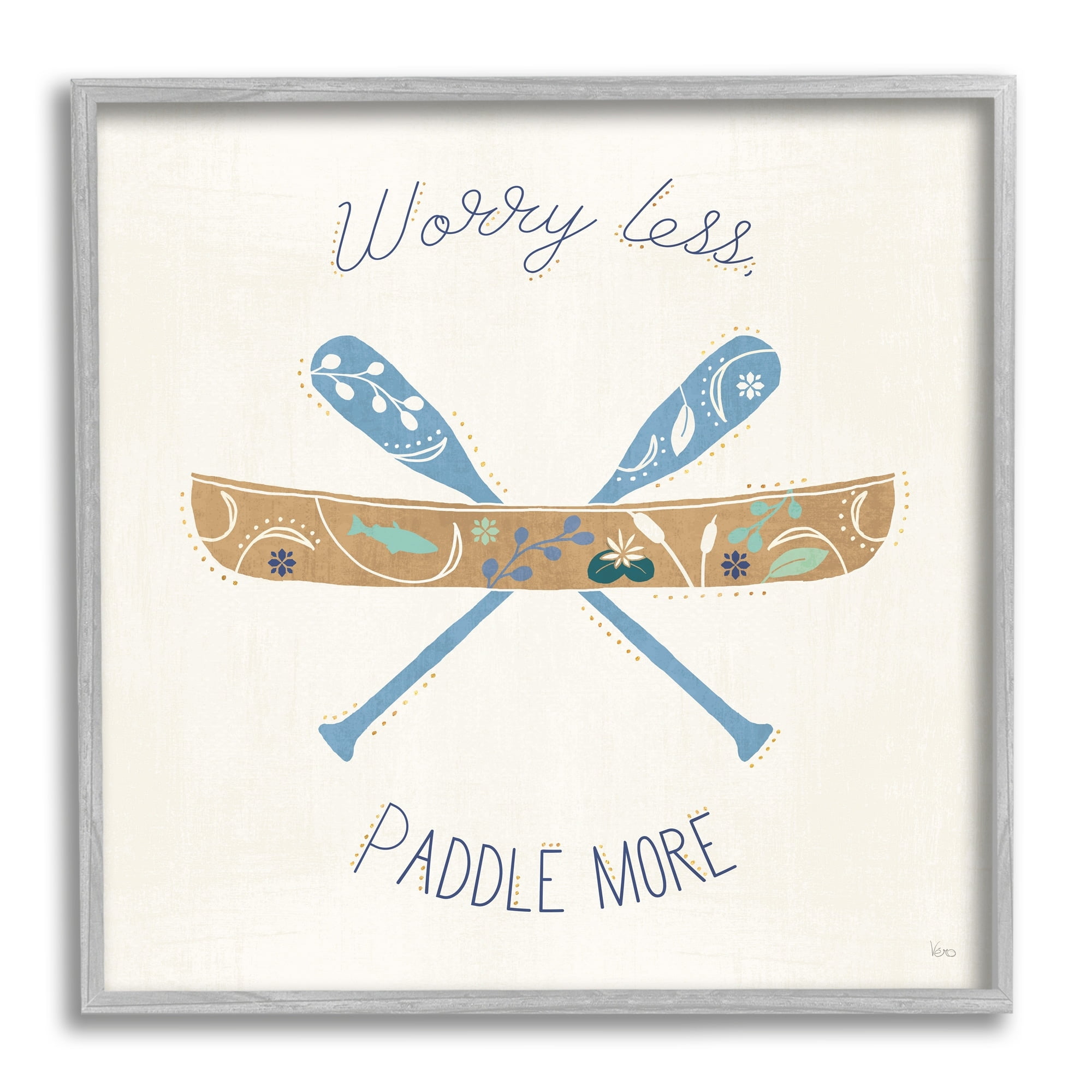 Stupell Industries Worry Less Paddle More Canoe Boat Typography Graphic Art Gray Framed Art Print Wall Art, Design by Veronique Charron