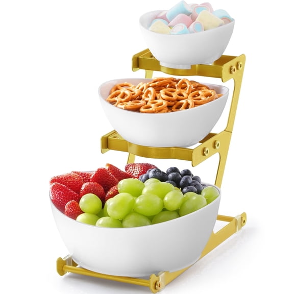 Norcho 3-Tier Plastic Serving Bowls with Gold Stand for Party