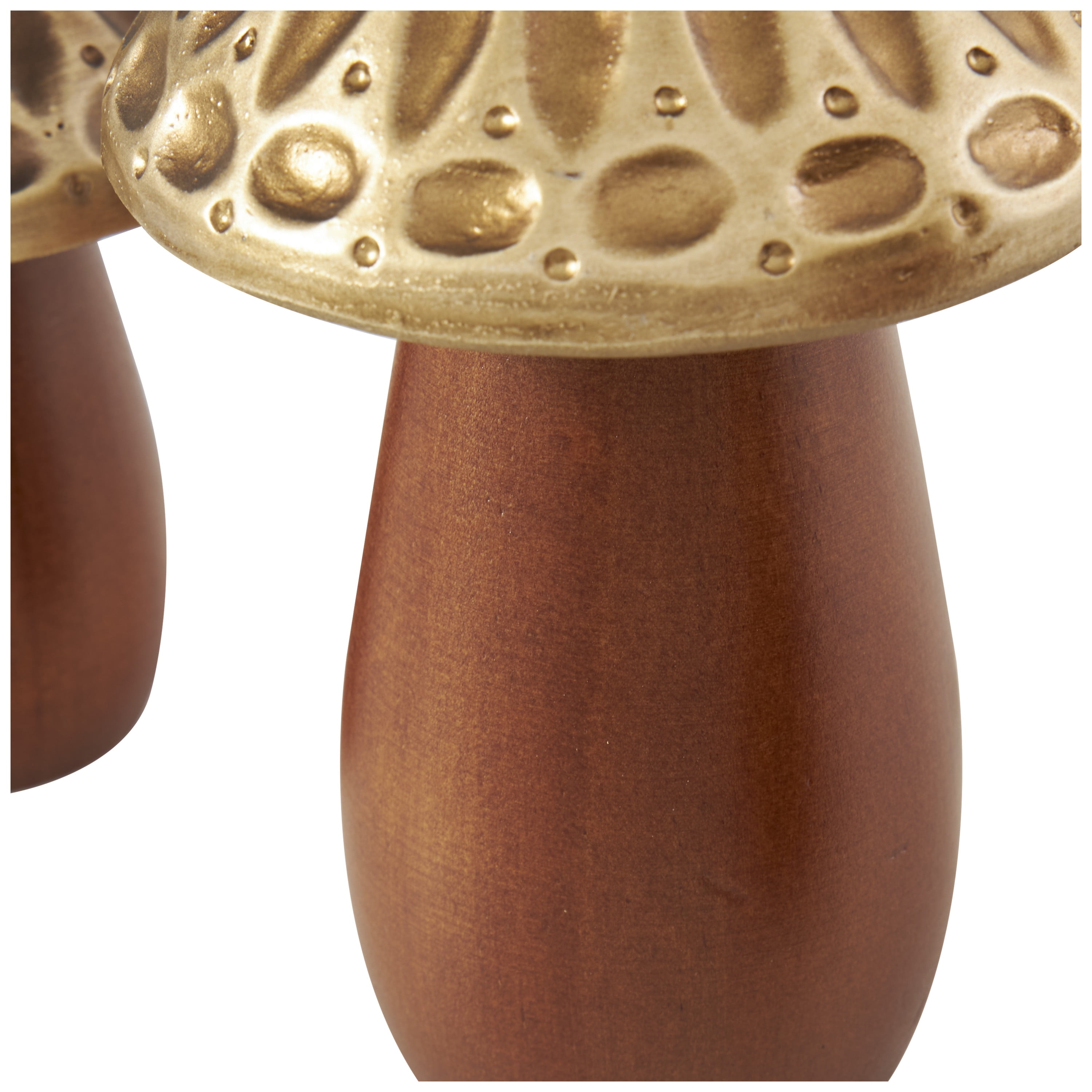 7", 6", 5"H Brown Wood Mushroom Sculpture with Gold Tops and Groove Patterns, by DecMode (3 Count)