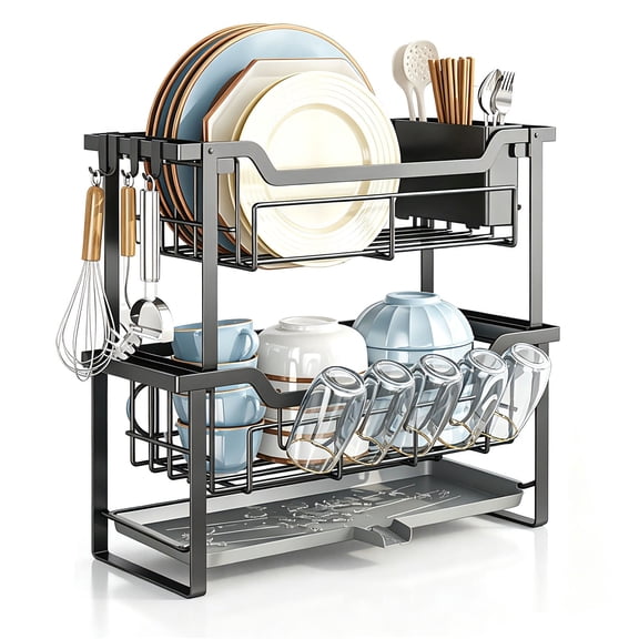 DEGIDEGI 2-Tier Dish Racks, Large Space-Saving Dish Drying Rack, Narrow Drainer for Kitchen Counter, Black