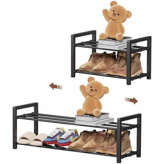 2-Tier Expandable Shoe Rack,Adjustable Shoe Shelf Storage Organizer Heavy Duty Metal Free Standing Shoe Rack for Entryway Closet Doorway (Black)