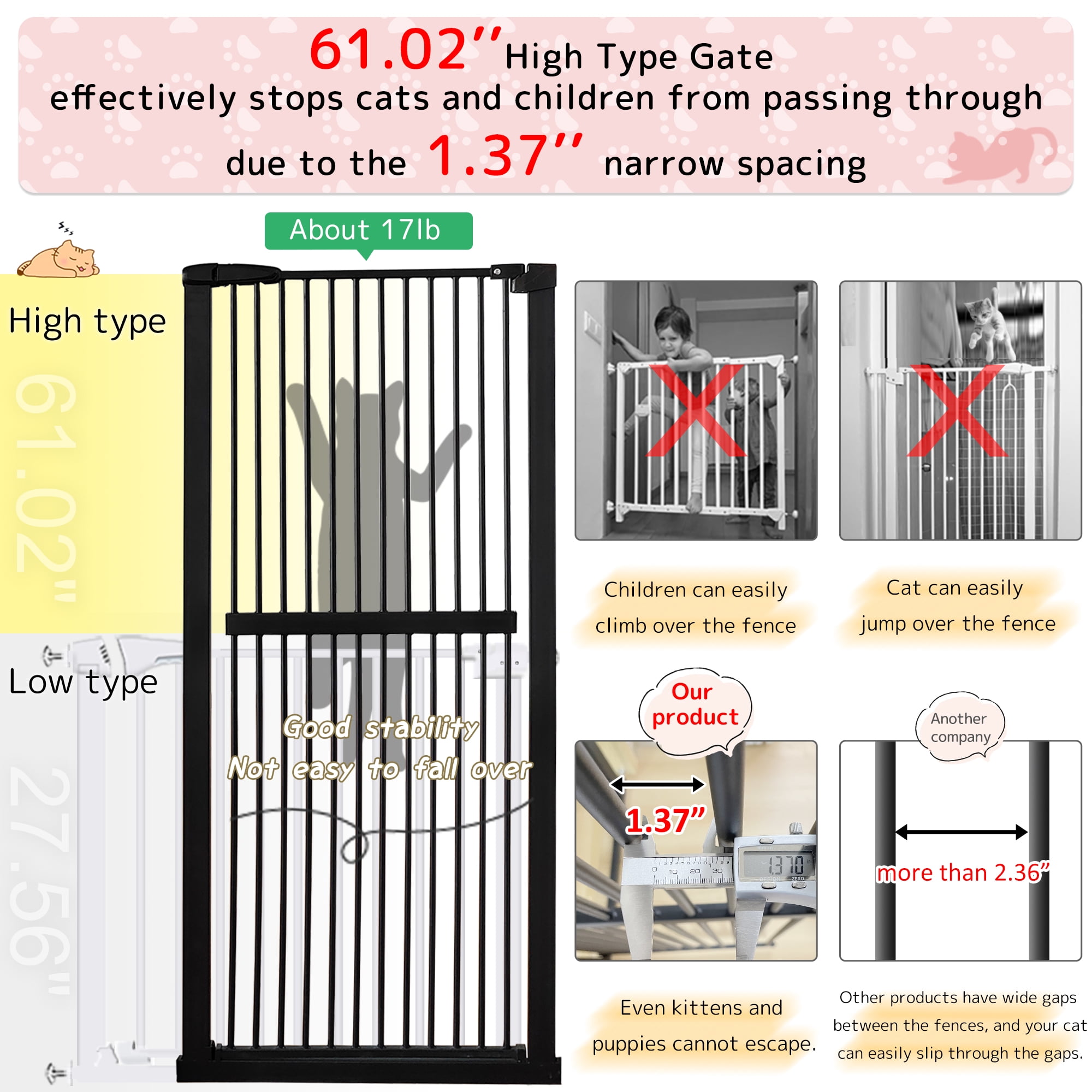 Lumizone Extra Tall Pet Gate 61.02" High Pressure Mounted 34.06"-38.38" Extra Wide 1.37" Gap for Cat Dog Children Stairs Doorway Hallway No Drilling Auto-Close (34.06"-38.38", Black)