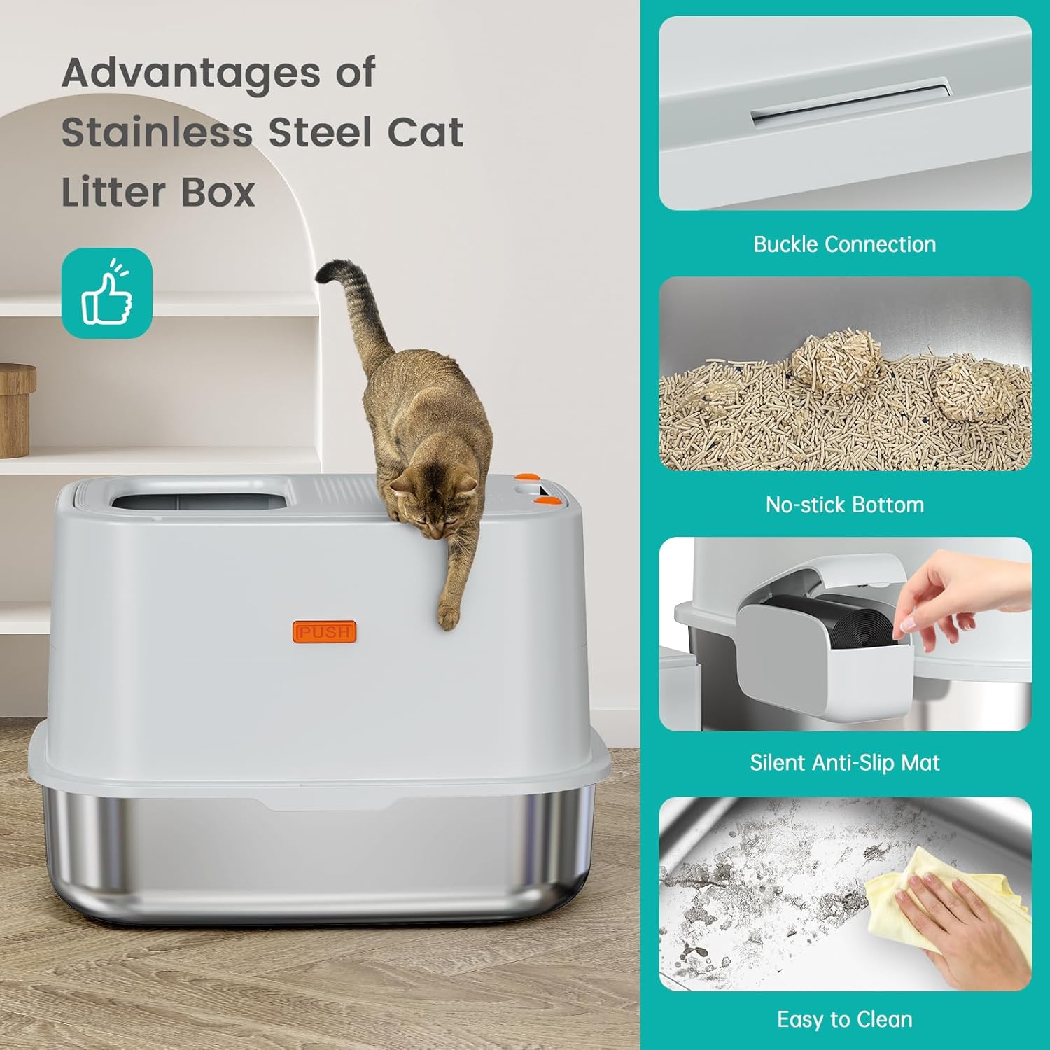 Enclosed Stainless Steel Cat Litter Box with Lid, XL Extra Large Litter Box for Big Cats, Metal Litter Pan High Sided, Never Absorbs Odors, Anti-Urine Leakage, Easy Cleaning, Include Scoop