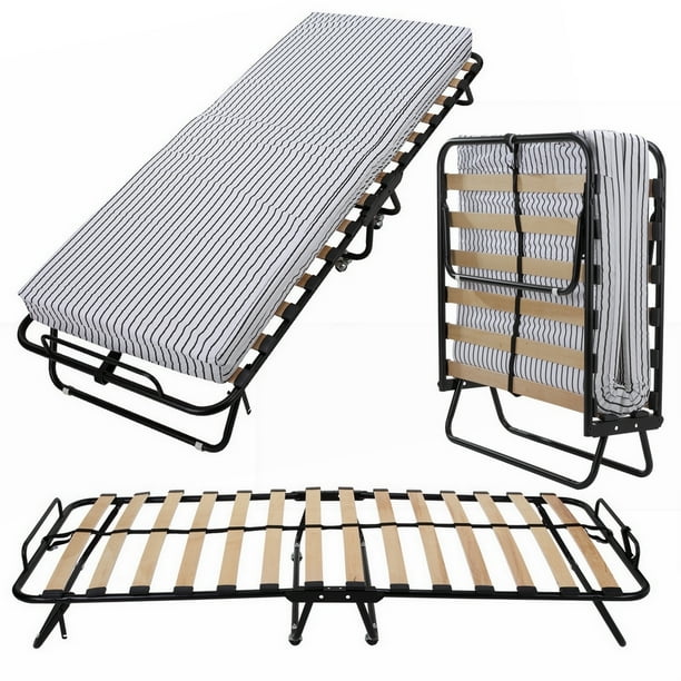 Homegear Rollaway Heavy Duty Steel Frame Wooden Slat Folding Bed, Twin