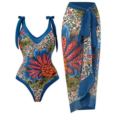 nerohusy Bikini Sets for Women with Cover Up Women Floral Print Beach Swimsuit Tropical Bikini Swimwear Cover up Wrap Skirt Summer Holiday Outfit Bathing Suit L