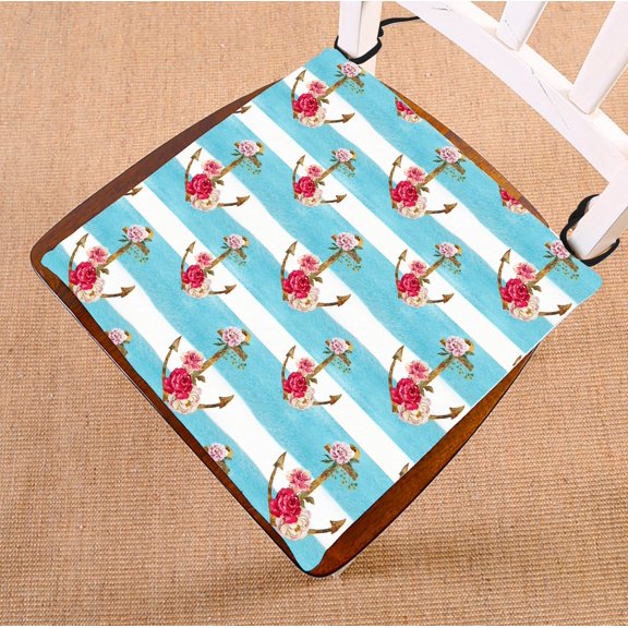 PHFZK Nautical Theme Chair Pad, Watercolor Blue Stripes Anchor Flowers Seat Cushion Chair Cushion Floor Cushion Two Sides Size 16x16 inches