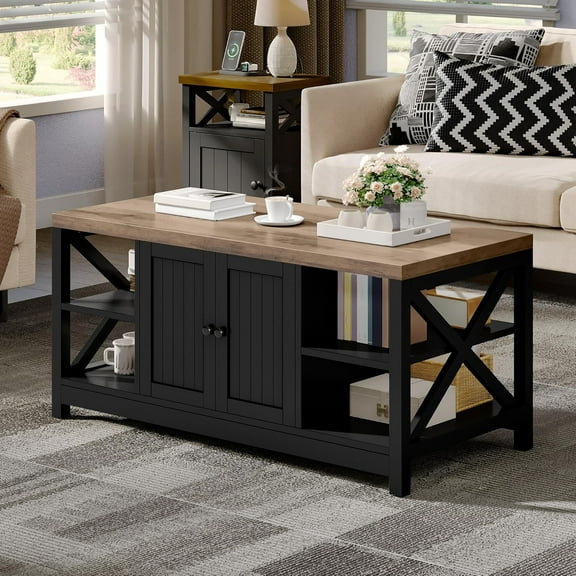 Black Coffee Table with Cabinet Doors, 2 Tiers Modern Coffee Tables for Living Room with Book Shelves, Rectangle Durable Wooden Coffee Table Center Table Easy Assembly
