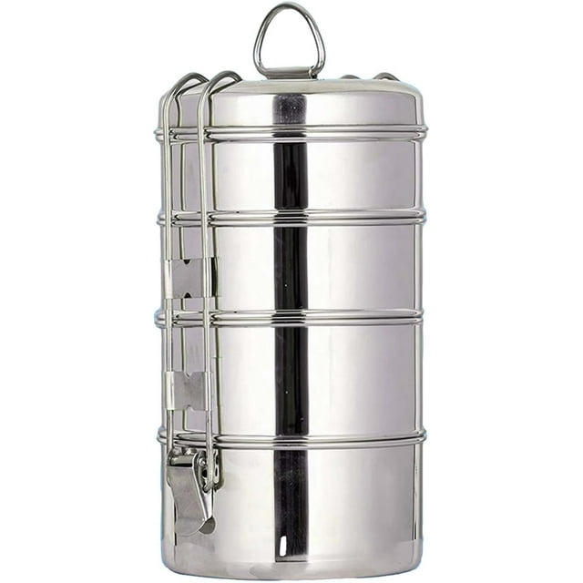Stainless Steel Traditional Indian Lunch Box, Food Container,Indian Tiffin, Food storage container,Office Use (4 Tier_Design#-3 Lunch Box)