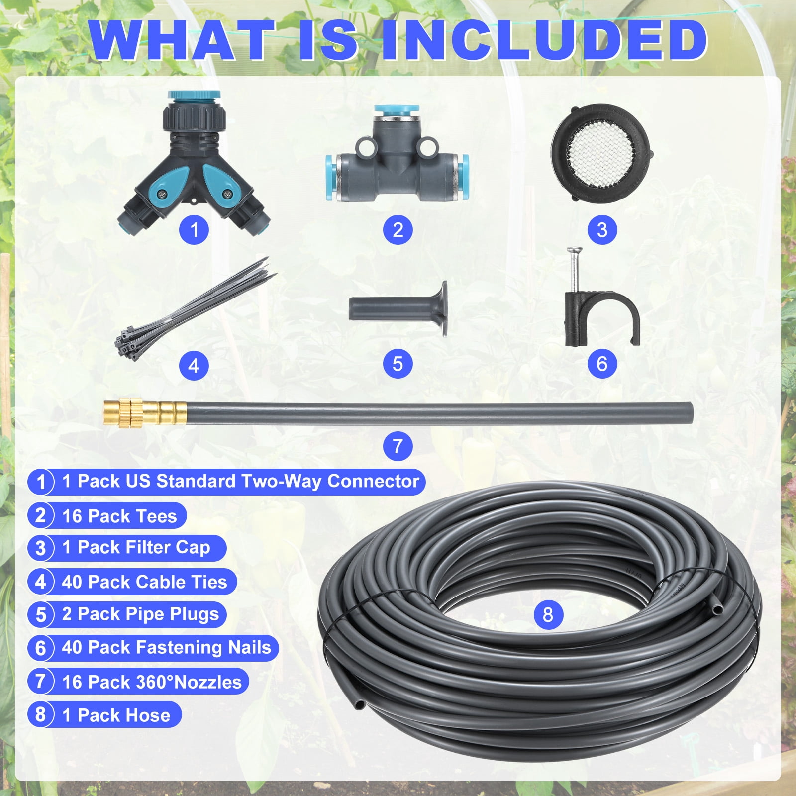 Uxcell 1-Set Drip Irrigation System, 98Ft 1/4" Hose Garden Watering Misting System with 16pcs 360° Adjustable Copper Nozzles