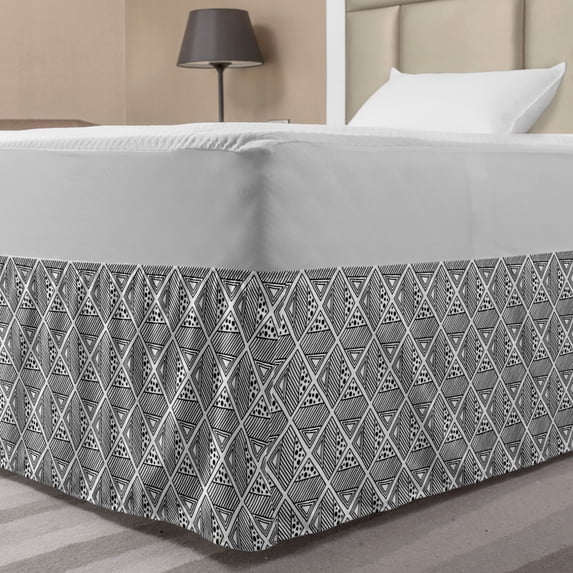 Abstract Bed Skirt, Boho Style Tribal Geometric Squares and Circles Triangles Contemporary, Elastic Bedskirt Dust Ruffle Wrap Around for Bedding Decor, 4 Sizes, Charcoal Grey White, by Ambesonne