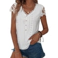 thumbnail image 3 of DYMADE Womens Casual Summer Lace Solid Color Shor Sleeve V-Neck Hollow Out Basic T-Shirt, 3 of 6