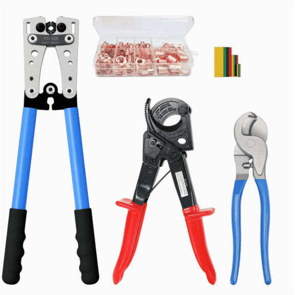 1Crimper And 2Cutters And Lugs And Tubes Heavy Duty Durable Battery Cable Lug Wire Crimping Tool Set for AWG 8-1/0