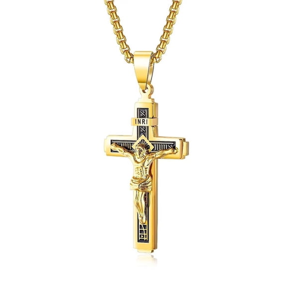 Stainless Steel Cross Necklace Jesus Christ Crucifix Cross Lord's Prayer Pendant for Men&Women-gold