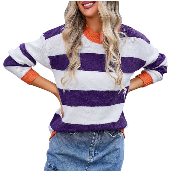 UYISJ Fall Winter Striped Sweaters for Women Long Sleeve Crew Neck Ribbed Knit Regular Fit Casual Pullover Jumper Top Purple XL