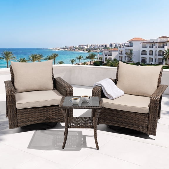 Nuu Garden 3-Piece Patio Conversation Set, Patio Furniture Set with Tempered Glass Table, 2 Swivel Patio Chairs with Cushions, All-Weather Conversation Set for Poolside, Balcony, Brown and Beige