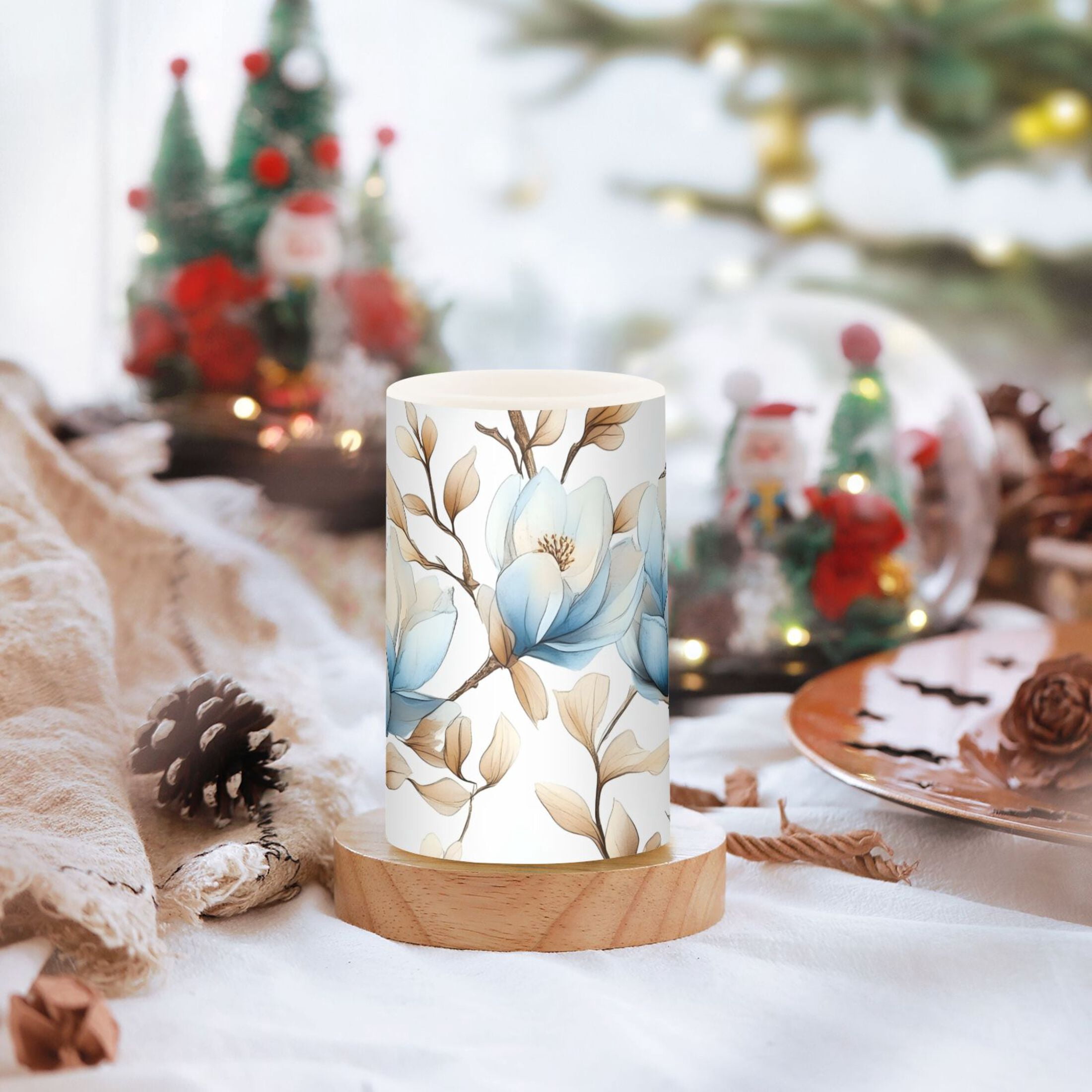 Beautiful Blue Magnolias Flickering Flameless Candles Battery Operated with Remote Timer LED Pillar Candles Set of 2