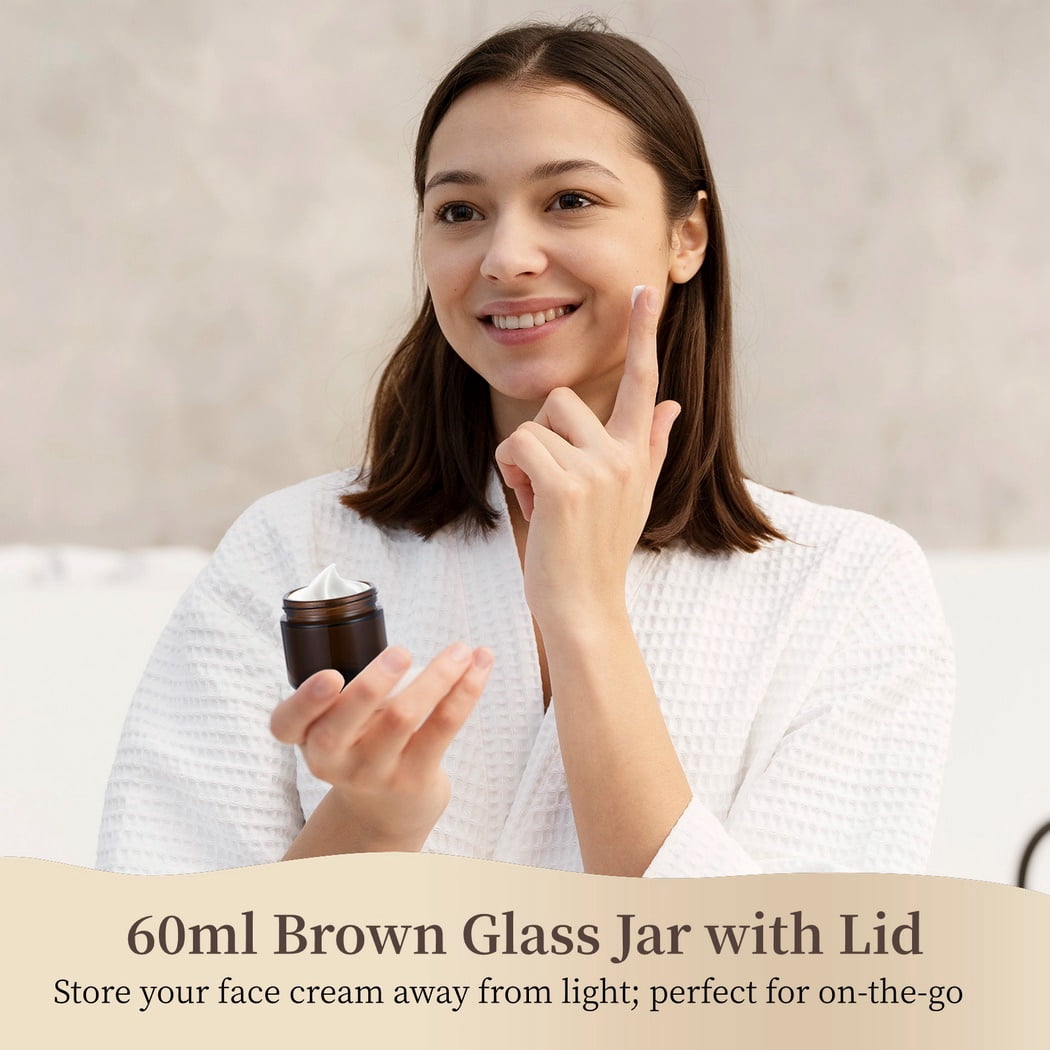 16 PCS Brown Glass Jars, 60ml Brown Glass Ointment Jars with Screw-on Lids, Travel Cream Glass Jar, Mini Leakproof Glass Jar with Lid, Airtight Container for Skin Care Cosmetic, Coffee, Tea