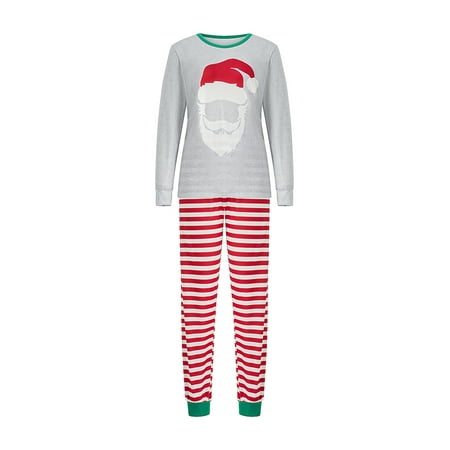 

Gureui Matching Family Christmas Pajamas Long Sleeve Crew Neck Beard Man with Christmas Hat Print T-shirt Tops + Striped Pants/Jumpsuit Sleepwear