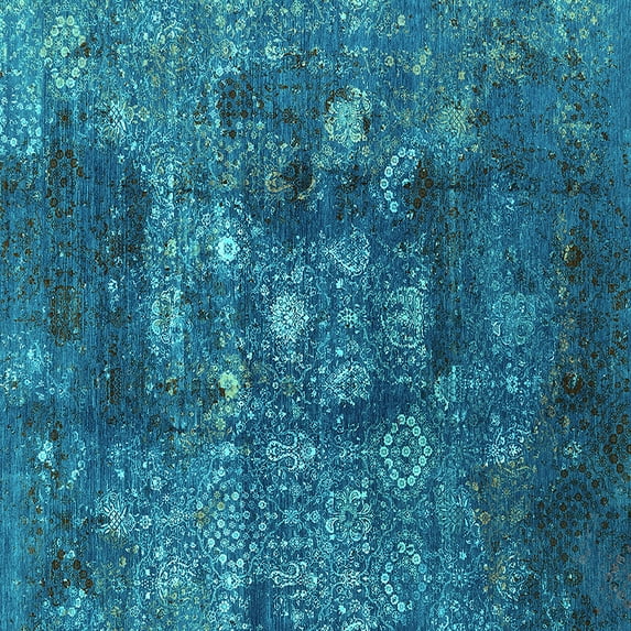 Ahgly Company Machine Washable Indoor Square Oriental Turquoise Blue Industrial Area Rugs, 7' Square