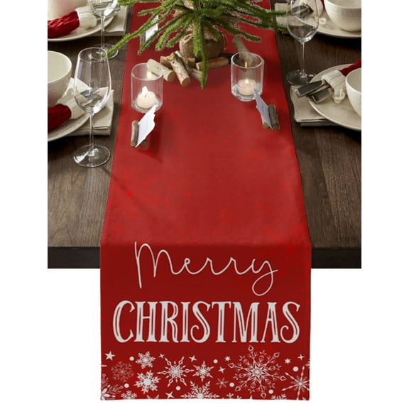 Ldtrchee Merry Christmas, Table Runner 90 Inches, Red Winter Snowflakes Star Dot Bed Runner Dresser Scarves Tabletop for Indoor Outdoor Parties/Ceremony/Banquet, 13" x 90"