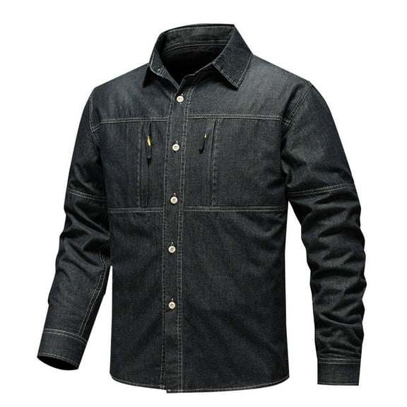 SwiftWear Men's Casual Denim Shirt Collared Tops Slim Fit Long Sleeve Button Up Shirts with Zipper Chest Pockets Black XXXL
