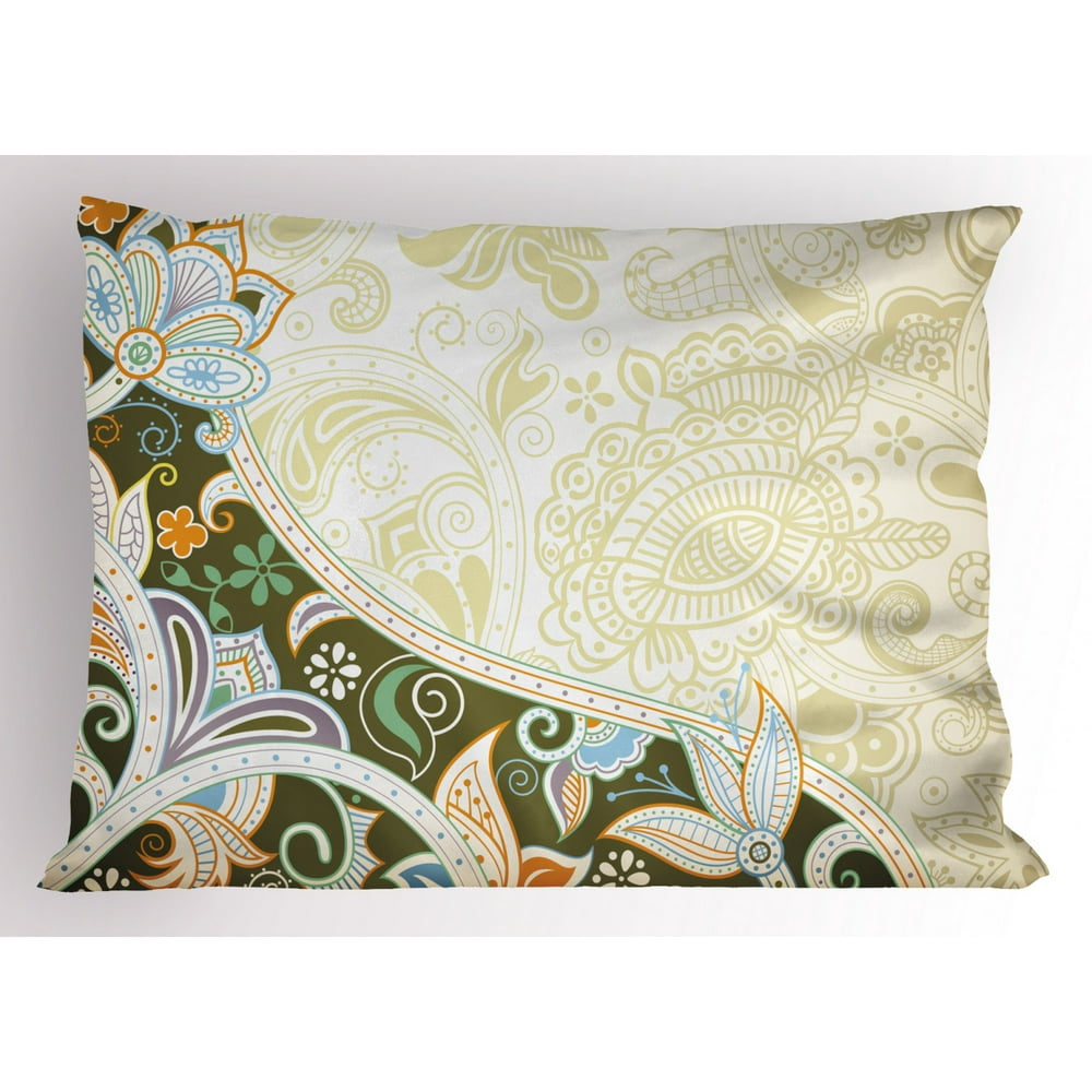 Olive Green Pillow Sham Abstract Floral Pattern Leaves and Stripes Asian Inspirations Curvy
