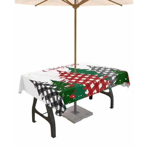 Fsddascl Red Green Gray Christmas Outdoor Tablecloth - 60x120 Inch Rectangle Dining Table Cover, Xmas Tree Snowflake Plaid Waterproof Outdoor Table Cloth with Umbrella Hole & Zipper for Picnic/Patio