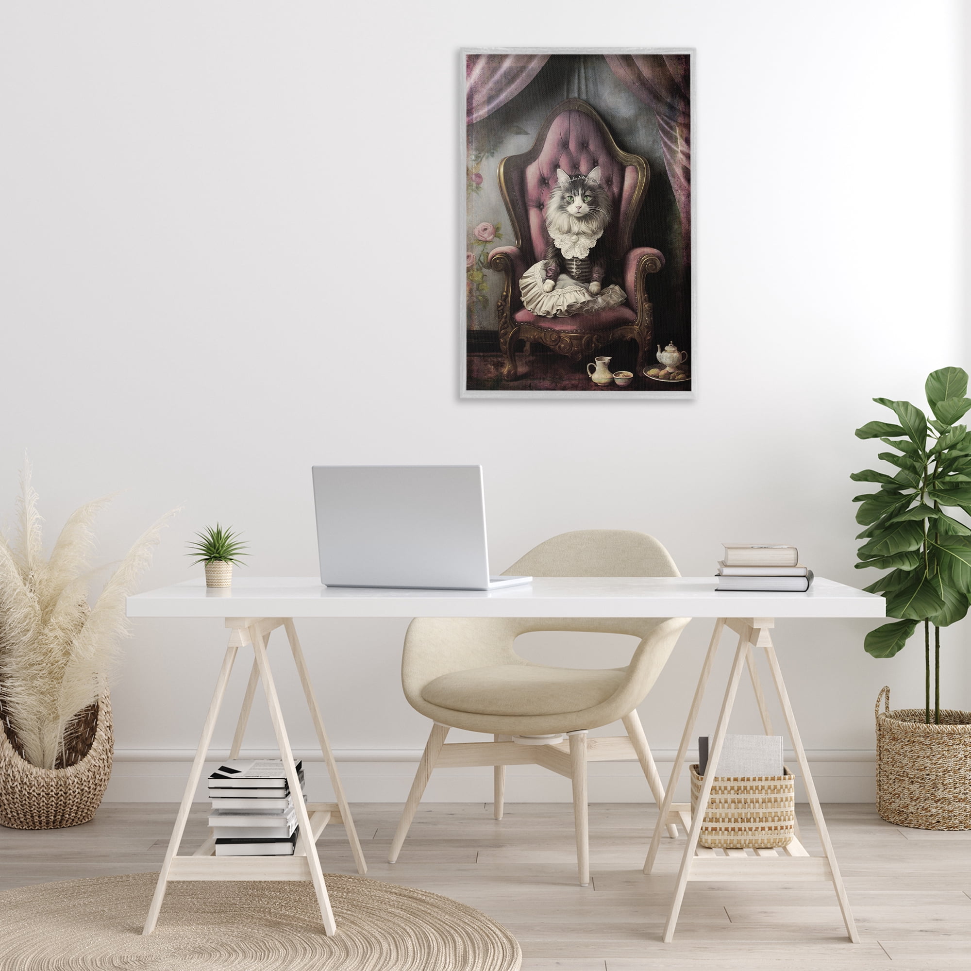 Stupell Industries Royal Cat & Tea Novelty Painting Gray Framed Art Print Wall Art, 20 x 30