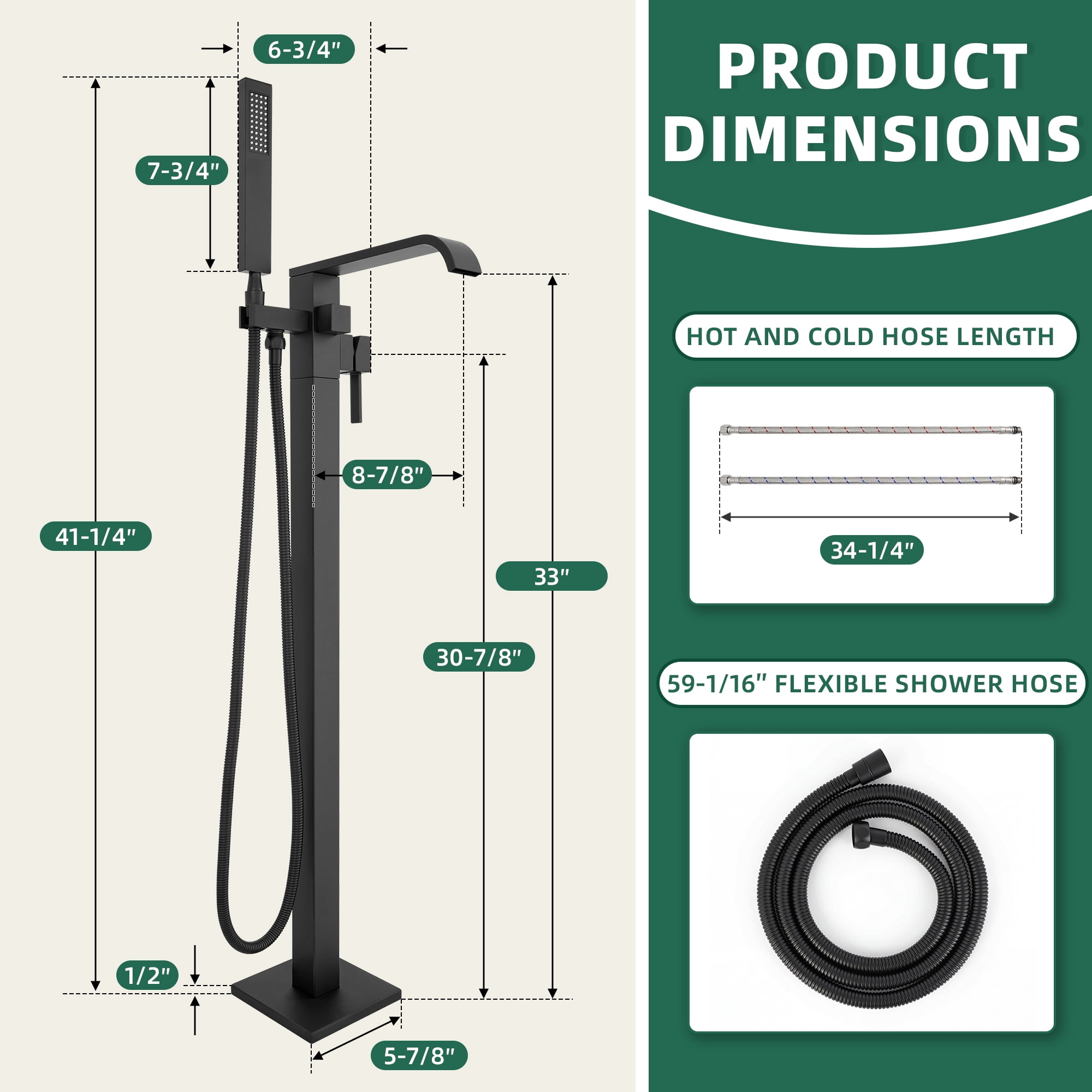 Free Standing Tub Faucet, High Flow Freestanding Bathtub Faucet with Waterfall Spout & Handheld Shower, 360°Swivel Tub Filler, Brass Body, Matte Black