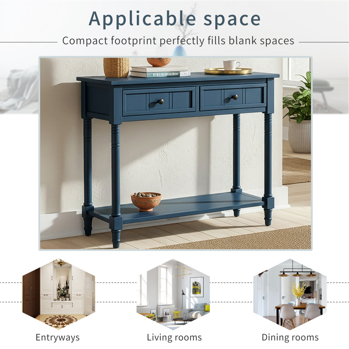 35" Console Table with 2 Drawers, Farmhouse Solid Wood Sofa Table Behind Couch, Entryway Hallway Foyer Tables with Open Shelf for Living Room, Dark Navy