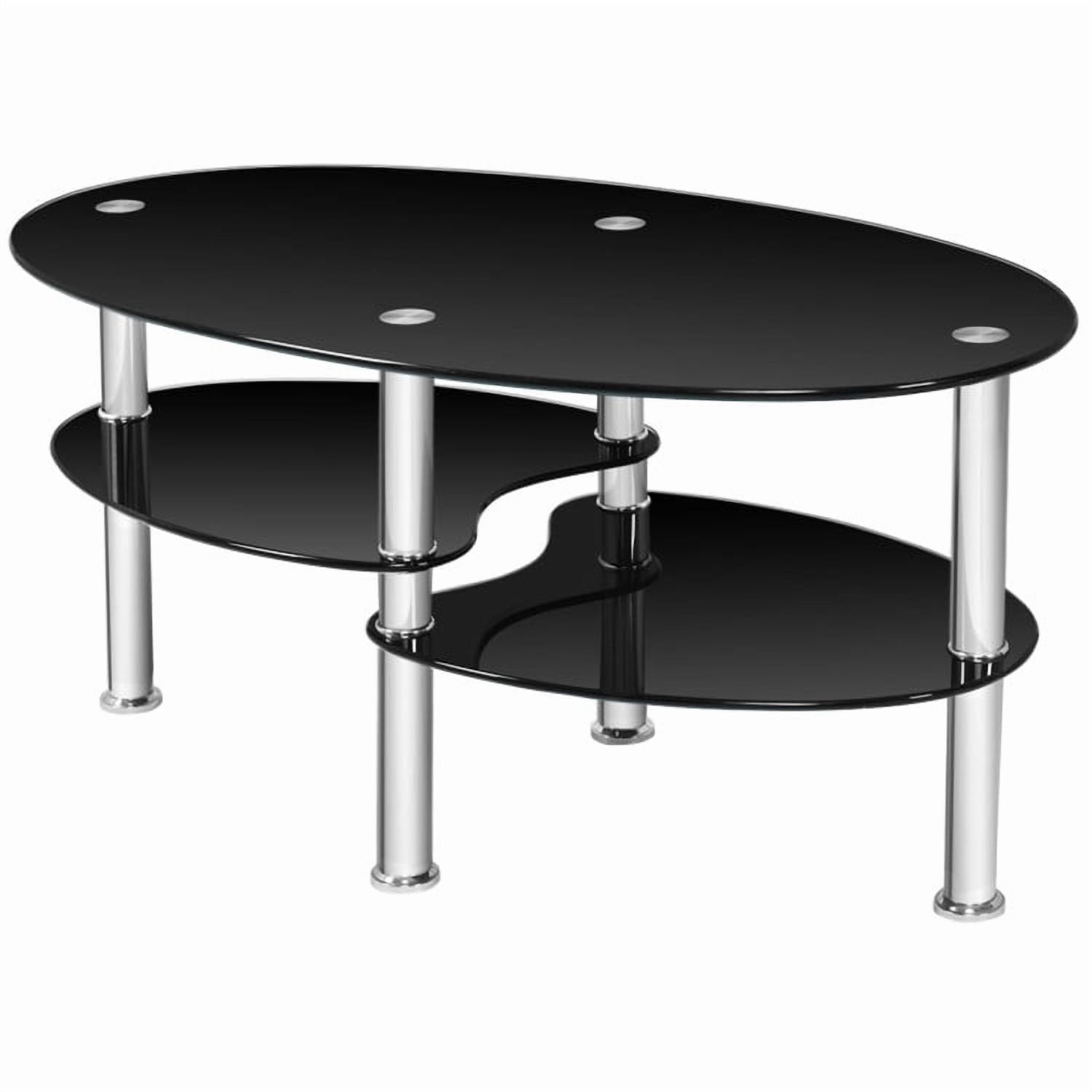 Yardi Yard Mid-Century Modern Oval 2-Tier Tempered Glass Coffee Table with Storage Side Shelf and Oak Wood Legs for Living Room Black