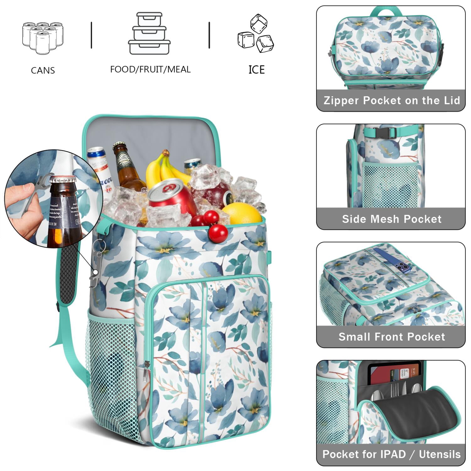 Travel Cooler Bag - Pioneer Flower Floral Print Pattern Camping Beer Cooler Backpack with Bottle Opener- Waterproof Insulated Picnic Backpacks - Cooler Bag for Beach