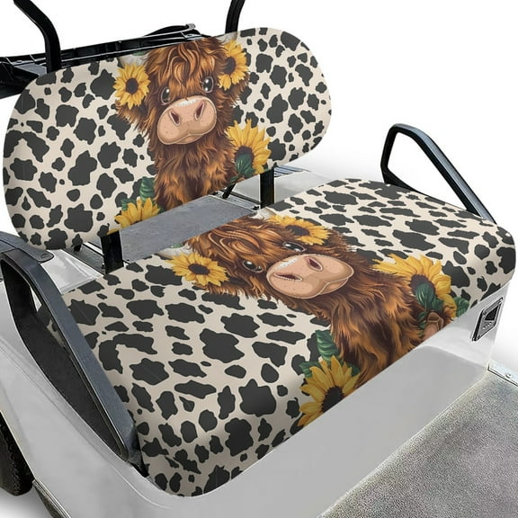 Yuyamidu Highland Cow Golf Cart Seat Covers Full Set of 2 Cow Print Golf Cart Bench Seat Cover Sunflower Back Rest Cover Protector Fits Most Club Cars Golf Carts