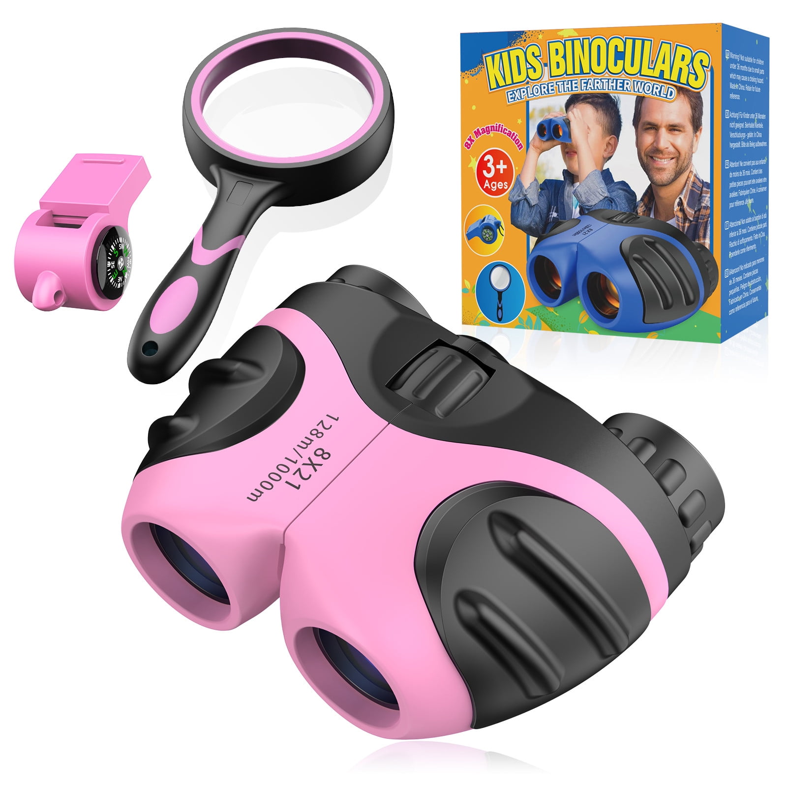6Pcs Binoculars Set for Kids，Children Binocular Exploration Toy Kit for Camping and Hiking Whistle Hand Crank Flashlight Compass and Drawstring Backpack Magnifying Glass