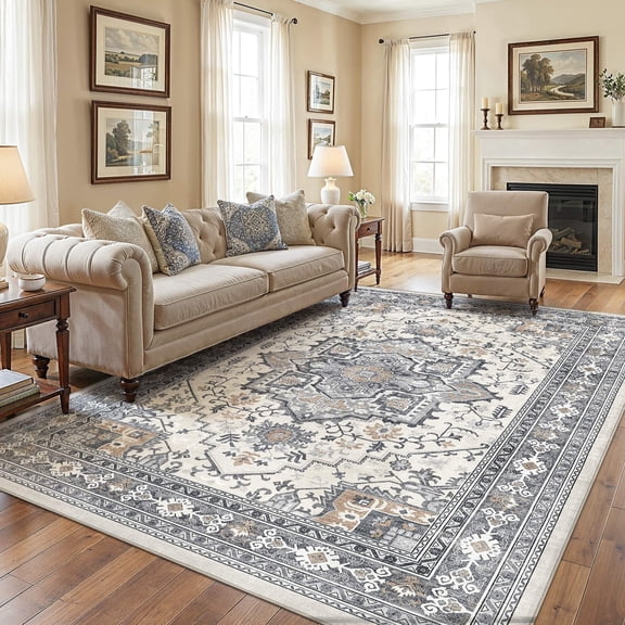 UERMEI 8x10 Washable Area Rugs for Living Room, Modern Vintage Printed Rug, Vacuum-Friendly, Non Slip Indoor Rug for Bedroom Dining Room Home Decor Carpet, Purple gray/Brown