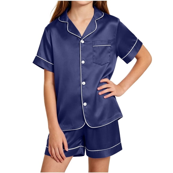 Dagugfen Sleepwear Suit Sets for Girls Boys Short Sleeve Button down Shirts Elastic Waist Shorts Soft Homewear Comfy Outfits