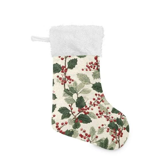 Holly Leaves with Berries Christmas Vintage Christmas Stockings Large Capacity 18 inch Gift Bag with Hook Xmas Holiday Decor 1 Pack