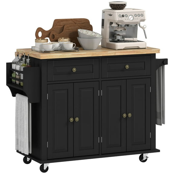 Homiyad Kitchen Island Cart with Rubber Wood Top, Rolling Kitchen Island Table on Wheels with Drawers, Adjustable Shelves, Spice Rack and Towel Rack for Dining Room, Black