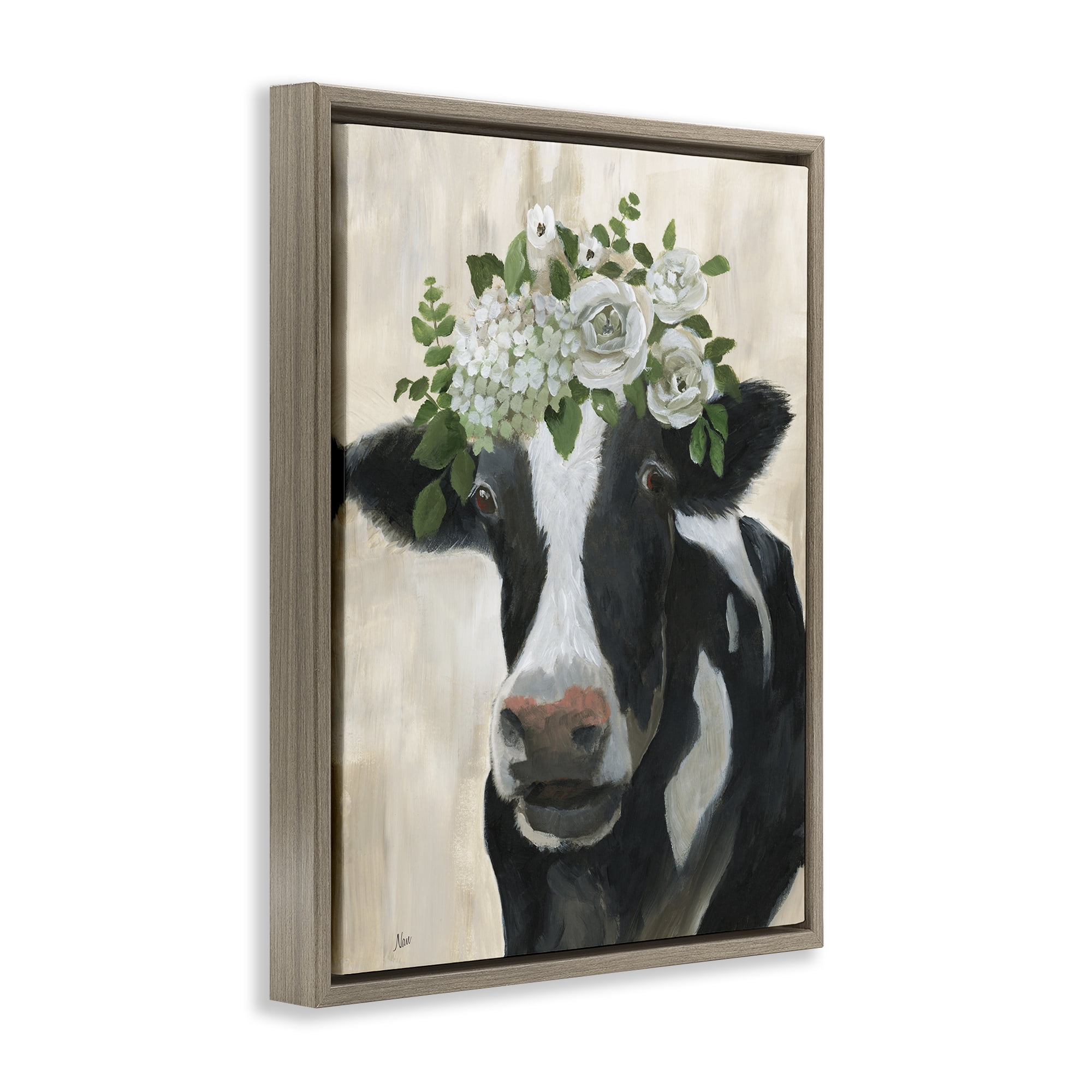 Stupell Industries Floral Crown Cow Animals & Insects Painting Brown Floater Framed Canvas Art Print Wall Art, 17 x 21