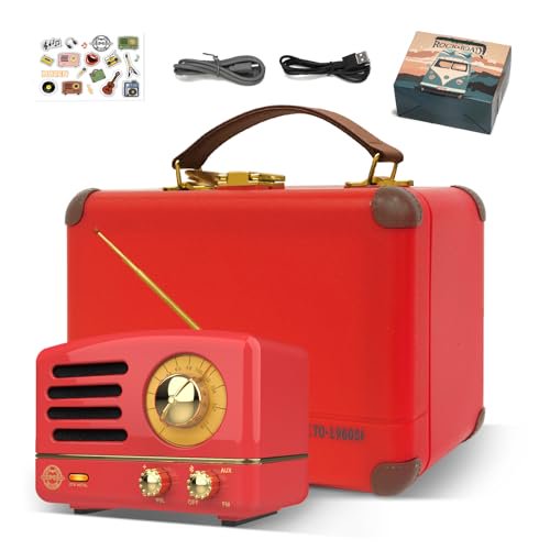 Muzen Altavoz Bluetooth portátil, OTR Metal Retro pequeño altavoz inalámbrico, radio FM con antena AUX, más de 10 horas de reproducción larga, audio estéreo de alta fidelidad con maleta, decoración de