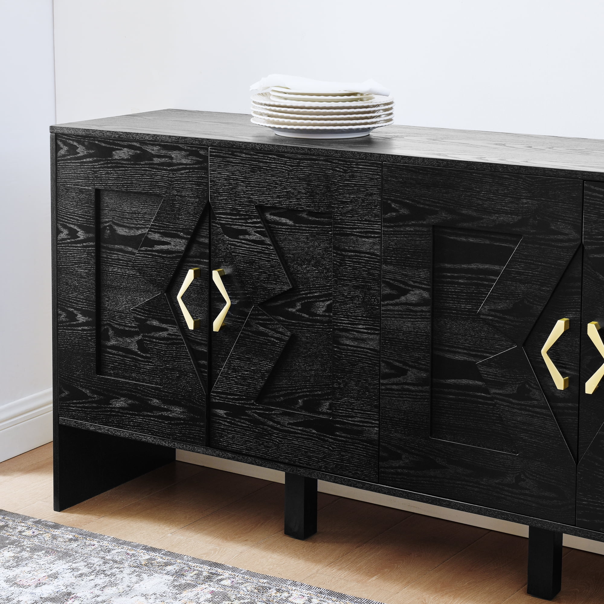 60" Sideboard Buffet Cabinet with Storage, TV Media Console, Storage Cabinet with Geometric Pattern & Adjustable Shelves for Kitchen Dining Living Room Entryway Hallway, Black